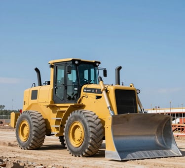 A professional high-resolution photo of a large yellow bulldozer parked on a clean construction site in the US, with a clear blue sky in the background.