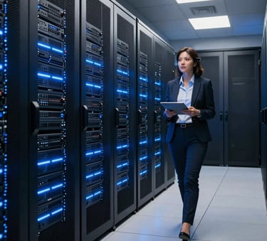 A high-contrast photography shot of a sleek server array corridor in a North American / US data facility. Cool bright ocean blue lights reflect off glossy black paneling and dark navy blue structures. A financial analyst in professional attire walks along the corridor holding a tablet. Sharp, authoritative, modern digital journalism feel.