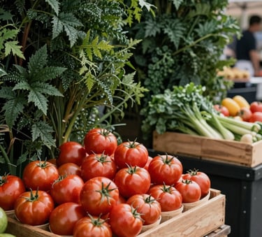A vibrant North American local farmers market scene. Modern, minimalist stalls with fresh produce displayed in wooden crates. Sophisticated, clean composition. Natural outdoor lighting, focus on a basket of ripe red tomatoes against matte forest green foliage.