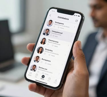A close up of a smartphone displaying a social media feed with high engagement, held by a South Asian professional in a corporate setting in Coimbatore, soft focus background, professional charcoal and white lighting.