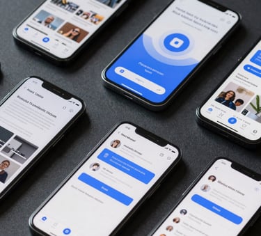 A sleek, top-down view of several mobile devices arranged on a dark grey surface, showing different stages of app development, professional North American studio lighting, sophisticated and innovative feel with blue accents.