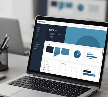 A high-tech, modern UI/UX design workspace with a sleek laptop displaying complex wireframes and abstract shapes, utilizing a color palette of #0E1B25, #2F4858, and #6C8CA7. Professional and innovative lighting.