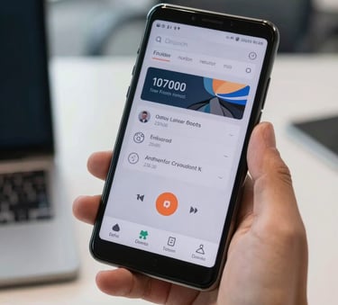 A close up shot of a sleek, high-resolution Android interface on a premium handheld device held by a user in a modern North American office setting, soft natural lighting.