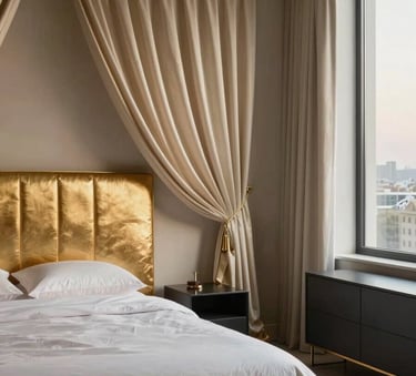 A sophisticated master bedroom in a South Asian home featuring a gold-toned upholstered headboard, champagne-colored silk drapes, and minimalist charcoal furniture. Soft evening light filters through a large window, creating a serene, luxury retreat atmosphere.