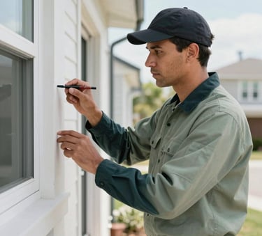 A professional pest control technician in a muted sage and dark slate green uniform inspecting the exterior perimeter of a modern North American / US residence during a clear day. The composition focuses on the expert's meticulous attention to detail, conveying a sense of trust and professionalism.