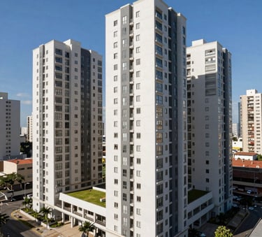 A high-angle architectural photograph of a modern residential and commercial complex in a South American urban center, showcasing clean lines, well-maintained facades, and organized landscape, reflecting professional property administration, shot in bright daylight with a deep blue sky.