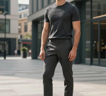 A sophisticated lifestyle shot of a confident man in a dark grey t-shirt and charcoal trousers, standing in a modern urban architectural setting in Nottingham, British morning light, professional and grounded aesthetic.