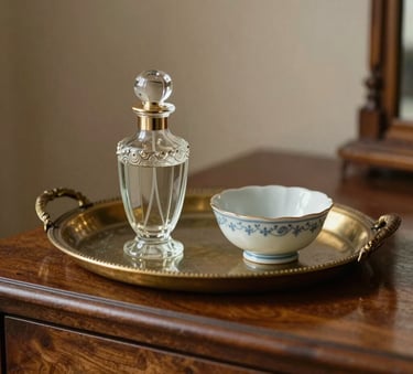An elegant styling arrangement on a vintage dark wooden dresser. A decorative brass tray holds a delicate vintage glass perfume vial and a small ceramic jewelry bowl. Warm, soft-focus photography.