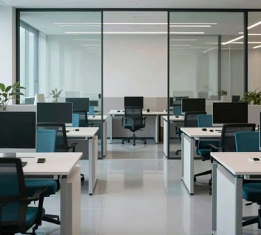 A professional office environment with minimalist desks and large glass partitions. The floor is immaculately clean and reflective. Muted cyan and dark slate teal office chairs add a touch of color to the modern space.