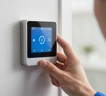 A close-up photograph of a professional technician's hand adjusting a high-tech smart thermostat in a modern North American / US home. The scene is lit with natural, bright light and features accents of vibrant blue and slate grey.