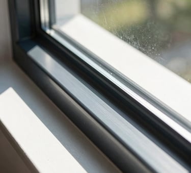 A close-up photograph of a modern North American window track being professionally cleaned, showing the contrast between the dark navy metal frame and the sparkling clean glass. Bright, natural Florida sunlight illuminates the scene.
