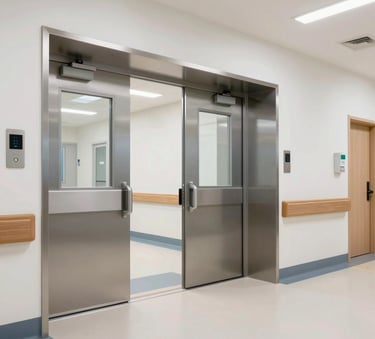 A wide-angle shot of a modern hospital corridor in a North American setting with heavy-duty automated double doors, bright clean lighting, and steel gray accents.