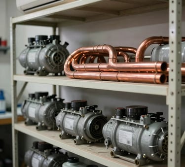 A well-organized shelf in a clean workshop featuring various air conditioning spare parts like copper pipes, compressors, and capacitors, soft natural lighting, South Asian setting.