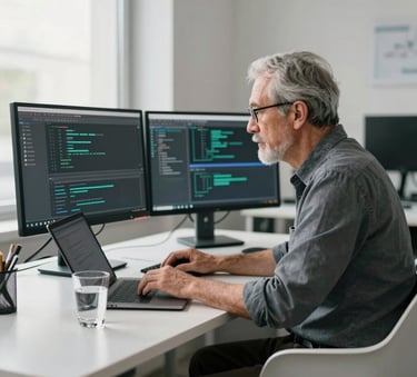 A focused senior software developer working at a minimalist desk with dual monitors in a bright, modern North American office. Soft natural light illuminates a clean workspace with a sleek laptop and a glass of water.