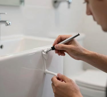 A close-up photograph of a professional technician applying a high-gloss finish to a ceramic bathroom surface in a modern New York City apartment, sharp focus, clean industrial aesthetic, bright white lighting.