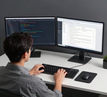 A high-perspective shot of a modern North American office workstation. It features a dual-monitor setup with a dark slate gray background, displaying organized code and project management software. A professional is sitting in an ergonomic chair, working efficiently under bright, even lighting.