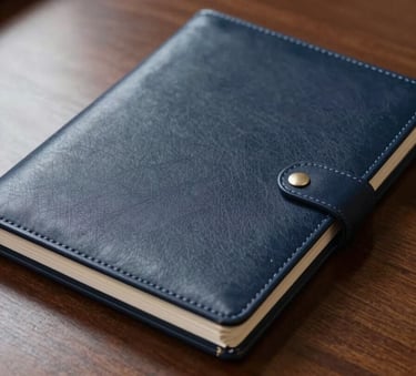 A close-up of a leather-bound legal folder in deep midnight navy resting on a polished mahogany desk in a North American / US / California law office, sharp focus, professional and sophisticated atmosphere.