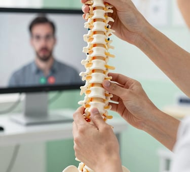 Close up of a physiotherapist's hands holding an anatomical model of a human spine while explaining a procedure during a video call, bright medical studio with soft green accents.