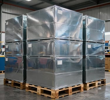 Fotografía profesional de primer plano de carga asegurada en un almacén moderno de Latinoamérica, cajas perfectamente apiladas sobre pallets de madera, iluminación industrial limpia en tonos azul acero y gris.