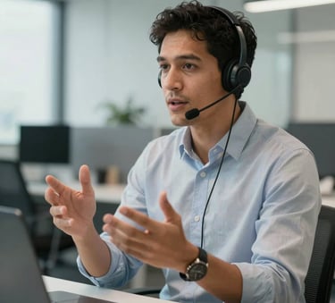 A professional South American person in a modern office environment wearing a sleek headset, gesturing naturally while speaking. The background features a clean, professional workspace with gray and white tones.