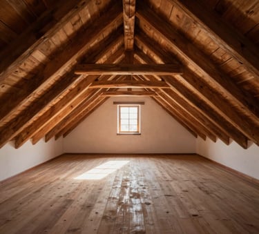 A wide angle shot of a pristine, empty attic after professional cleaning, wooden beams clearly visible, warm sunlight streaming through a small window, Hispanic / Latin American architecture style, clean and airy atmosphere.