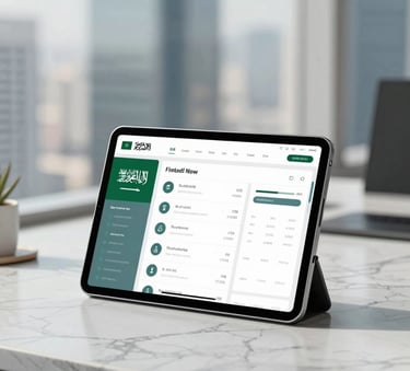 A sleek, modern tablet on a marble desk in a Riyadh high-rise office, displaying a clean business dashboard with the Saudi flag in the corner. The lighting is bright and professional, incorporating the #F8F5EE and #5F776C color palette.