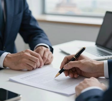 Detailed photography of two professional hands reviewing a financial contract with a fountain pen in a bright, modern office in Paris. Soft natural light, Western European / French setting, focusing on reliability and sophisticated professionalism. Color palette features deep blue and light blue tones.