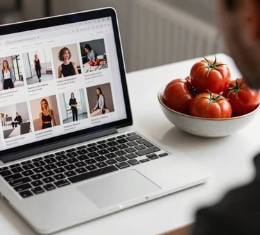 A behind-the-scenes photography shot showing a workspace with a laptop displaying social media grids next to a bowl of deep ripe crimson tomatoes in a Northern European / Scandinavian design studio.