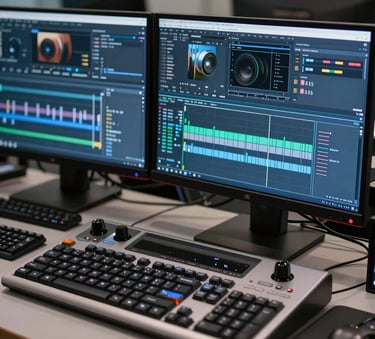 A close-up of a professional editing suite in a North American agency, featuring dual monitors, high-quality audio equipment, and a sophisticated color palette of deep blues and silvers.