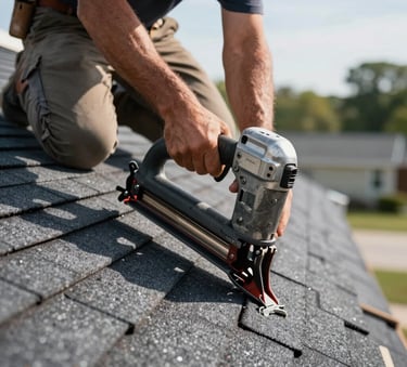 A close-up of a skilled contractor in North American / US installing charcoal architectural shingles on a sloped roof using a nail gun in bright daylight.
