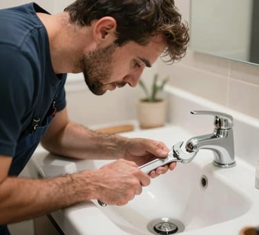 A professional photograph of a North American / US plumber working efficiently under a clean bathroom sink, focused expression, using a silver wrench, soft indoor lighting, showcasing expertise and modern tools in a clean environment.
