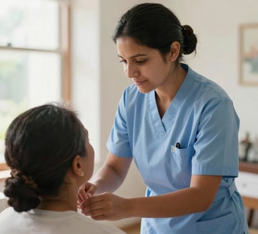 A South American nurse providing gentle care to a patient in a bright, home-like setting, natural light, conveying warmth and professionalism, soft blue and white colors.