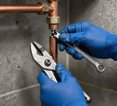 A close-up photograph of a professional plumber's hands wearing blue gloves, expertly repairing a copper water pipe in a clean Northern European / German / Hamburg basement. Modern tools like a pipe cutter and wrench are visible nearby. The lighting is crisp and professional, with a color palette featuring dark slate and steel blue.