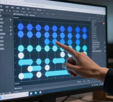 A close-up photograph of a modern computer screen in a dimly lit office, showing a complex workflow diagram with glowing nodes in royal blue and pale cerulean, a professional hand pointing towards the screen.