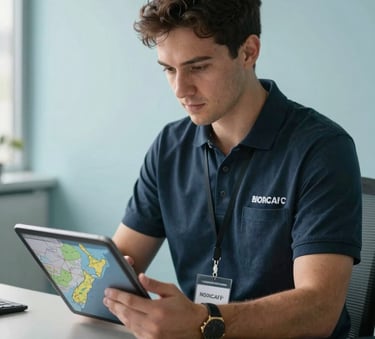 A professional moving coordinator in a clean office with pale blue walls, looking at a map of New Zealand on a digital tablet, soft morning light, professional photography.
