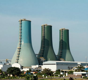 A wide-angle professional photograph of a modern, clean waste-to-energy facility in a Southeast Asian / Indonesian landscape, featuring Seaweed Teal and Deep Forest Green accents under a bright, clear sky.