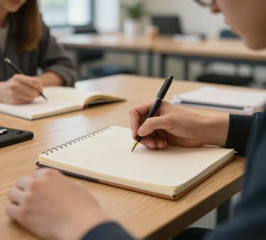 Close-up of hands writing in a notebook during a specialized vocational workshop, organized wooden desk, soft natural lighting in a modern European study center, professional atmosphere.