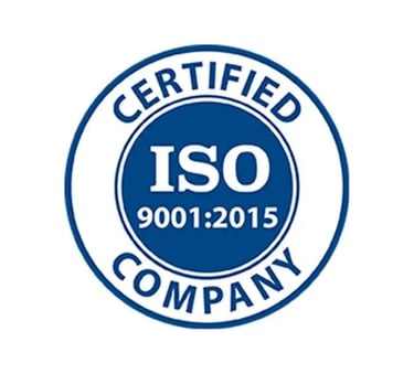 Blue and white ISO 9001:2015 certified company seal for quality management standards.