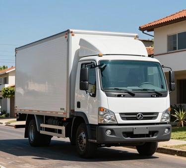 A medium-sized modern moving truck parked in a sunny South American / Brazilian residential neighborhood, clear blue sky, clean and professional look with Soft Blue accents on the vehicle.