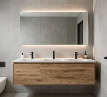 A minimalist spa-like bathroom in a high-end North American home, featuring a floating oak vanity, soft gray wall tiles, and architectural lighting, captured in a clean and airy photography style.