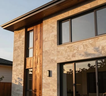 A low-angle exterior shot of a modern custom-built house featuring warm walnut wood accents and soft sand stone walls, illuminated by the warm light of a golden hour sunset, conveying luxury and reliability.