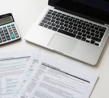 A top-down professional photography shot of a clean North American / US office desk featuring a modern laptop, a calculator, and neatly organized tax documents. The lighting is bright and natural, reflecting a clean and sophisticated atmosphere with silver and dark navy accents.