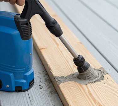 A meticulous close-up of a North American / US wooden porch being cleaned with a pressure washer, revealing the bright, original wood color beneath layers of grey dirt. The composition is a sharp diagonal split between dirty and clean. Colors: Steel Blue and Pale Mist tones.