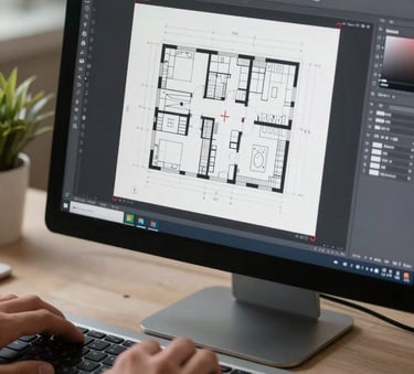 A close-up of a designer's hands using a modern computer setup, showing a detailed architectural floor plan on the screen with the AutoCAD crosshairs tool active, professional workspace, North American / Florida context.