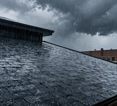 A heavy rain storm hitting a modern North American / NYC building roof, dark navy and steel gray tones, cinematic and moody lighting focusing on the texture of shingles.