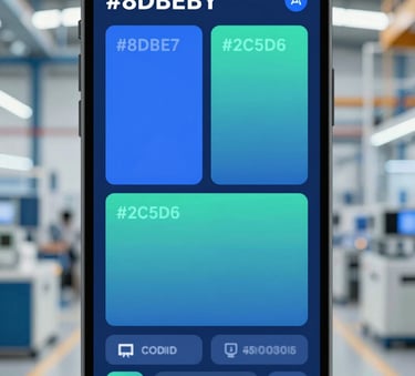 A high-definition image of a smartphone screen using Vision-AI to detect thermal leaks in a factory environment. The interface shows sophisticated data overlays in #8DBEB7 and #2C5D6C. The background is a blurred, modern industrial facility.
