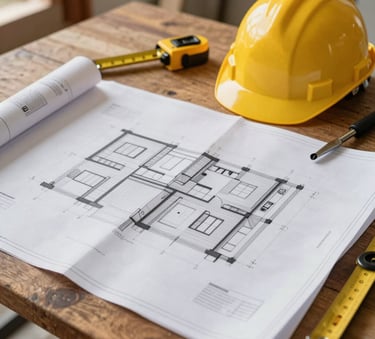 A detailed architectural blueprint spread out on a wooden table with a hard hat and professional measuring tools nearby, South American / Brazilian construction site context, bright and professional lighting, off-white and charcoal tones.