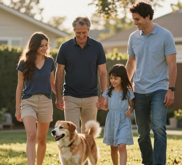 A happy North American / US family of four playing in a sunlit backyard with their dog, conveying a sense of safety and joy, warm golden hour lighting, dressed in casual navy and light blue attire.