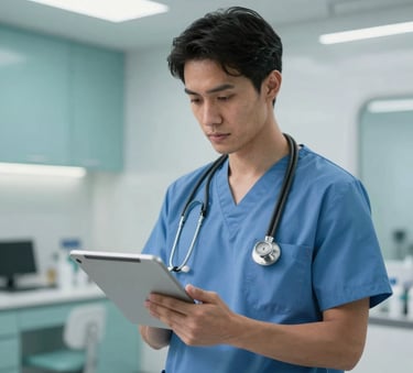 A focused healthcare professional in North American medical attire holding a digital tablet in a bright, modern clinic with clean teal accents and professional lighting.