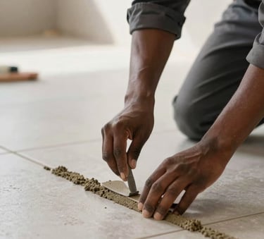 A close-up photograph of a skilled Southern African professional in dark grey workwear carefully applying grout to high-quality floor tiles, soft natural light, professional construction setting.